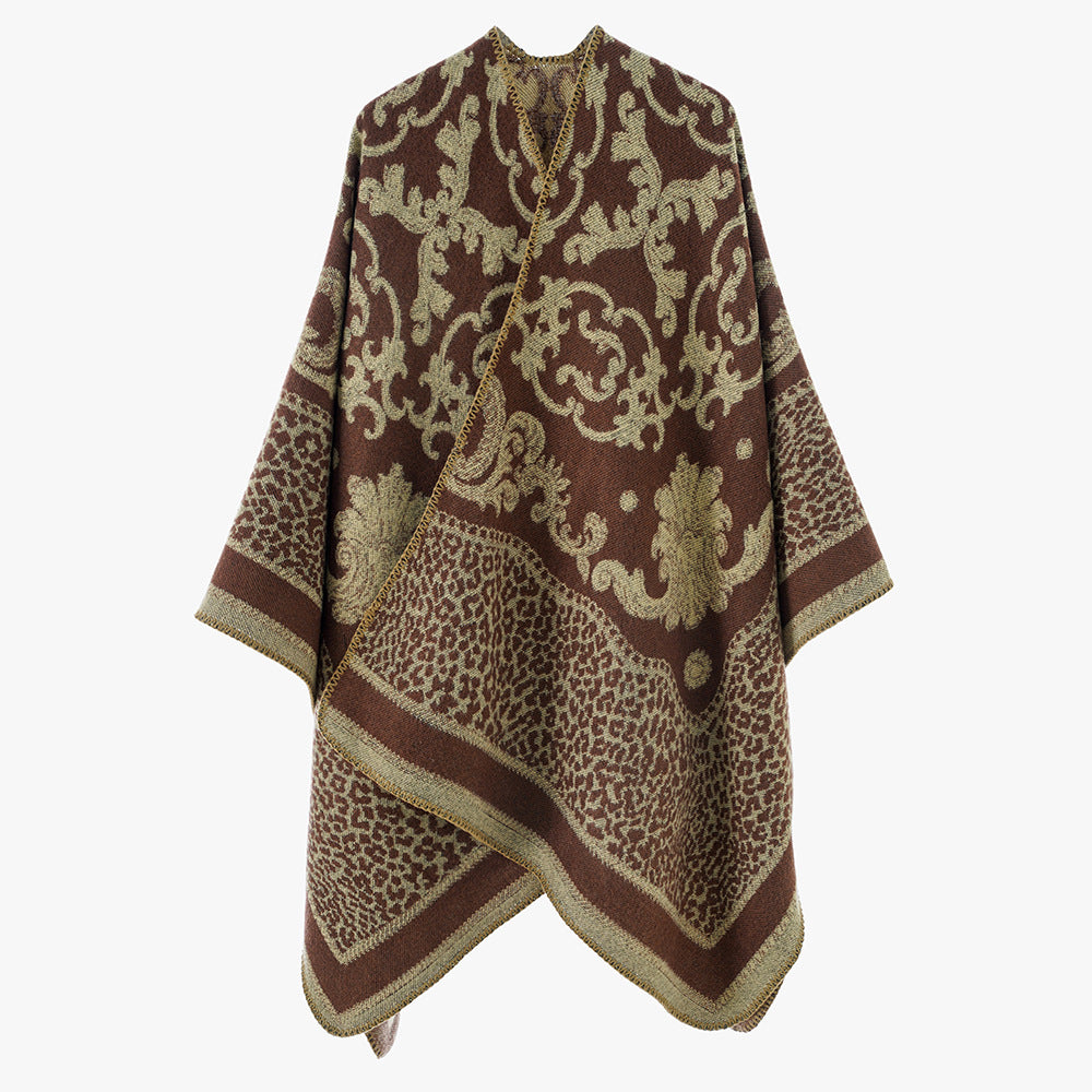 Women Jacquard Wool Blend Cape Poncho with Baroque and Animal Pattern Mune Fashion
