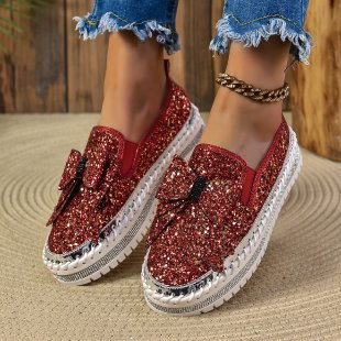 Women Glitter Platform Slippers with Bow Application and Profiled Comfort Sole Mune Fashion