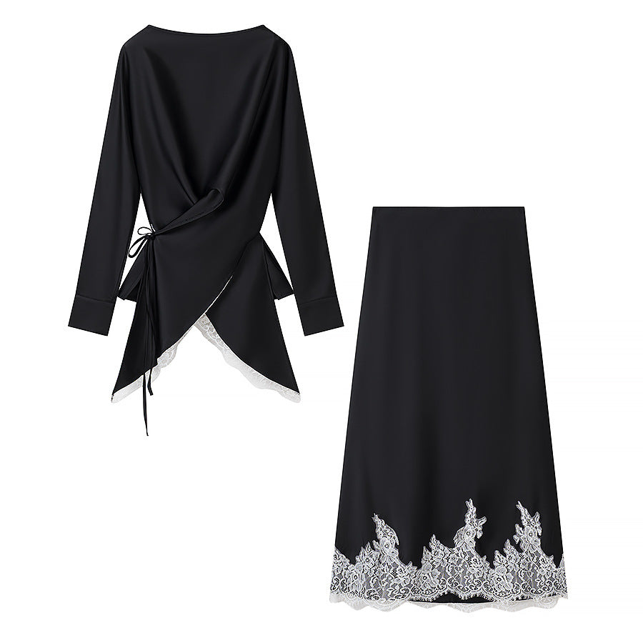 Women Two-Piece Silky Shimmering Wrap Blouse and Midi Skirt Set with Lace Edge Mune Fashion
