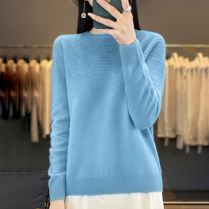 Ladies Soft Ajour-Yoke Round Neck Sweater in Cashmere-Look Fine Knit Mune Fashion