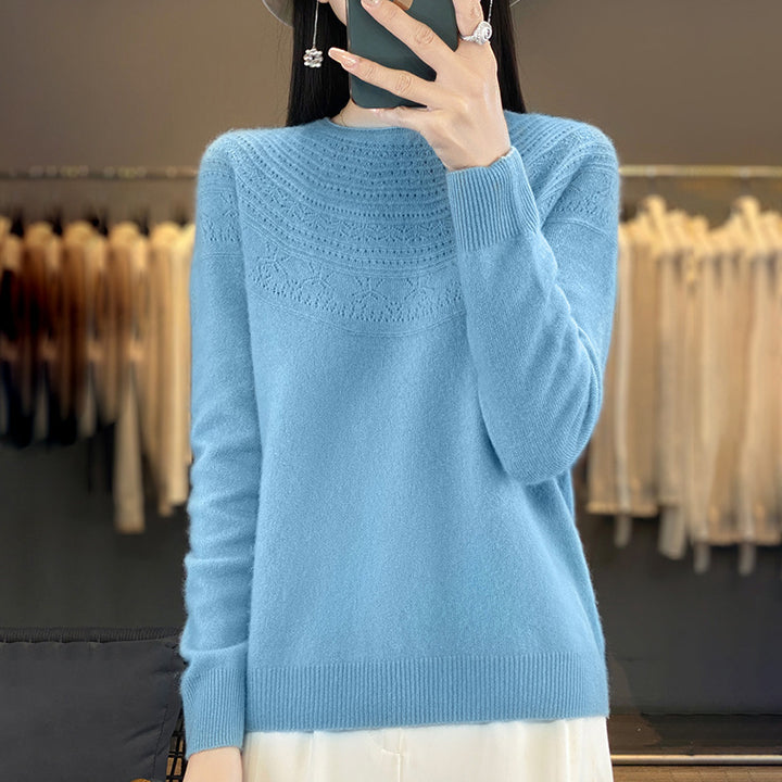 Ladies Soft Ajour-Yoke Round Neck Sweater in Cashmere-Look Fine Knit Mune Fashion