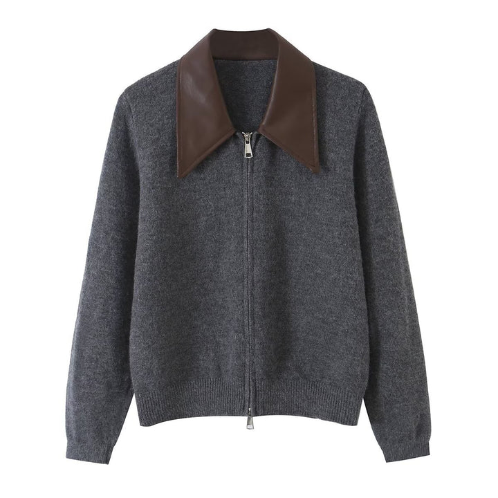 Women Short Wool Blend Cardigan with Zipper and Contrasting Faux Leather Collar Mune Fashion