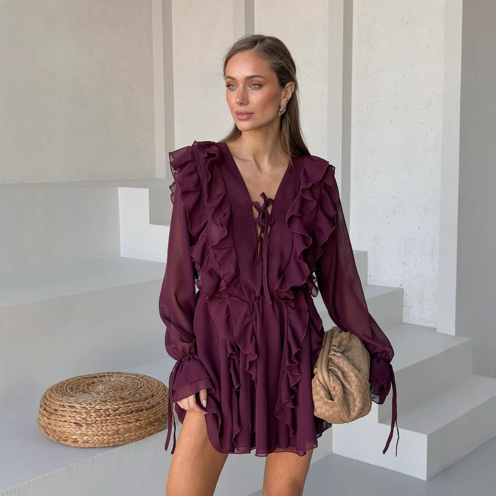 Ladies Romantic Chiffon Mini Dress with Ruffles and Lacing Detail Mune Fashion