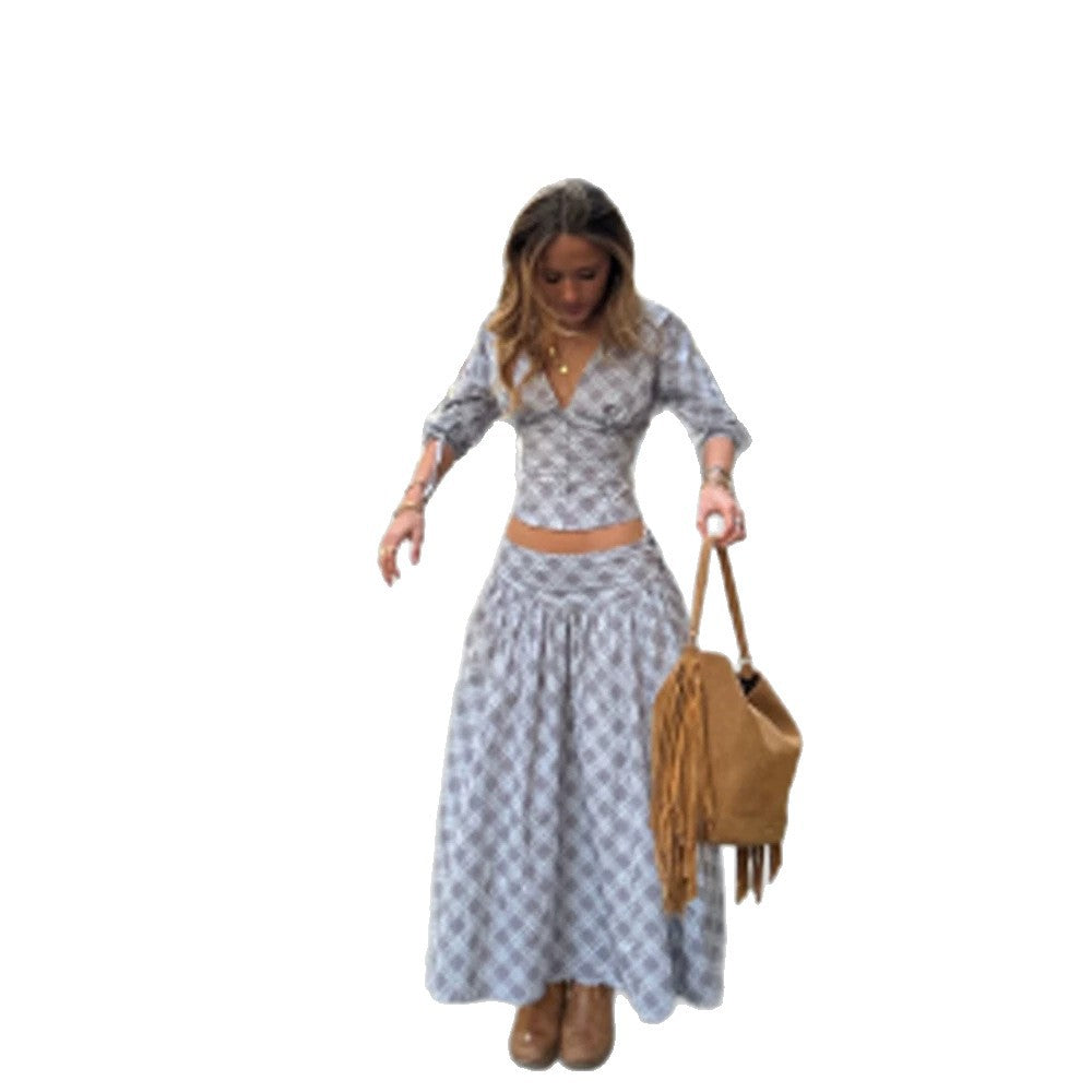 Women's longer loose maxi skirt with high waistband, gathered width & allover diamond pattern Mune Fashion