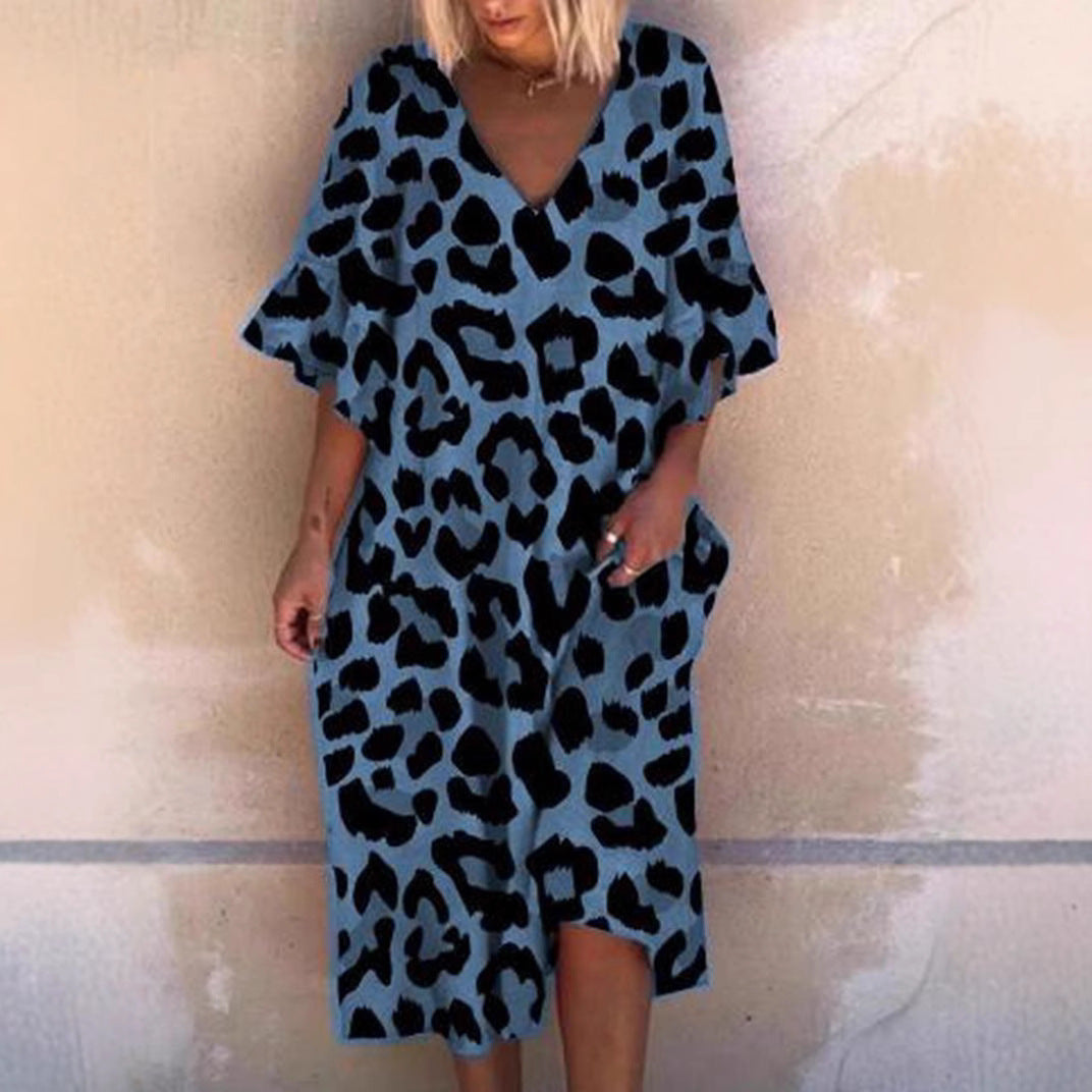 Ladies' casual midi dress in tunic style with V-neck, ruffled sleeves, and side pockets Mune Fashion
