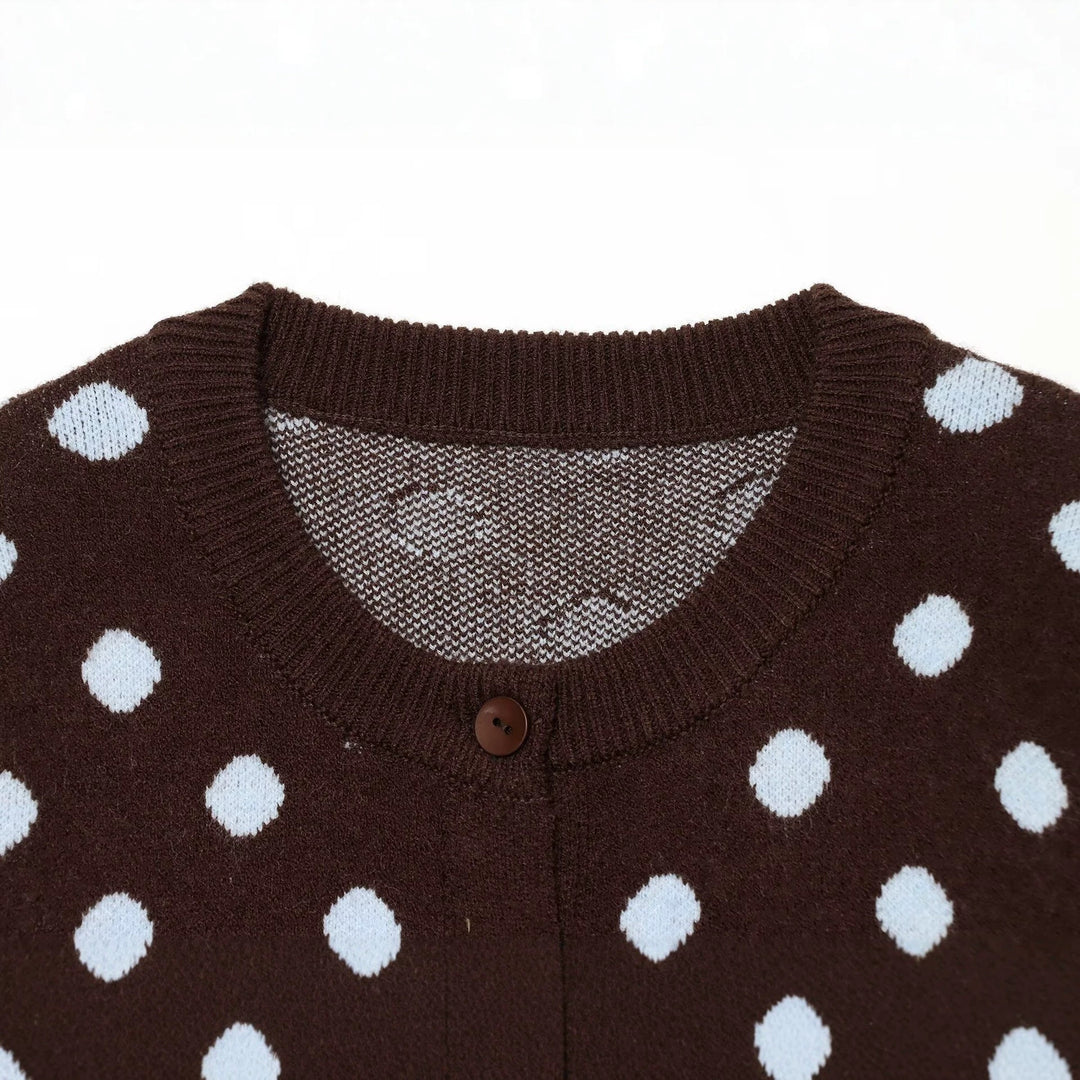 Ladies Polka Dot Short Cardigan with Round Neckline and Button Placket Drune