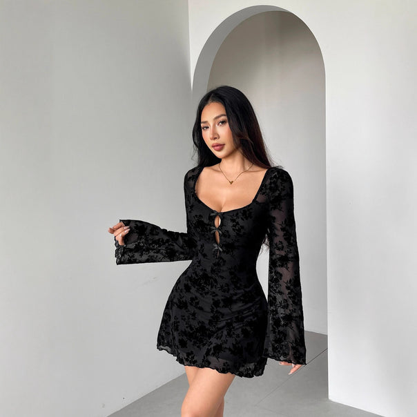 Women Nano Short Mesh Dress with Floral Velvet Flock Look, Neckline Openings and Decorative Ribbons Mune Fashion