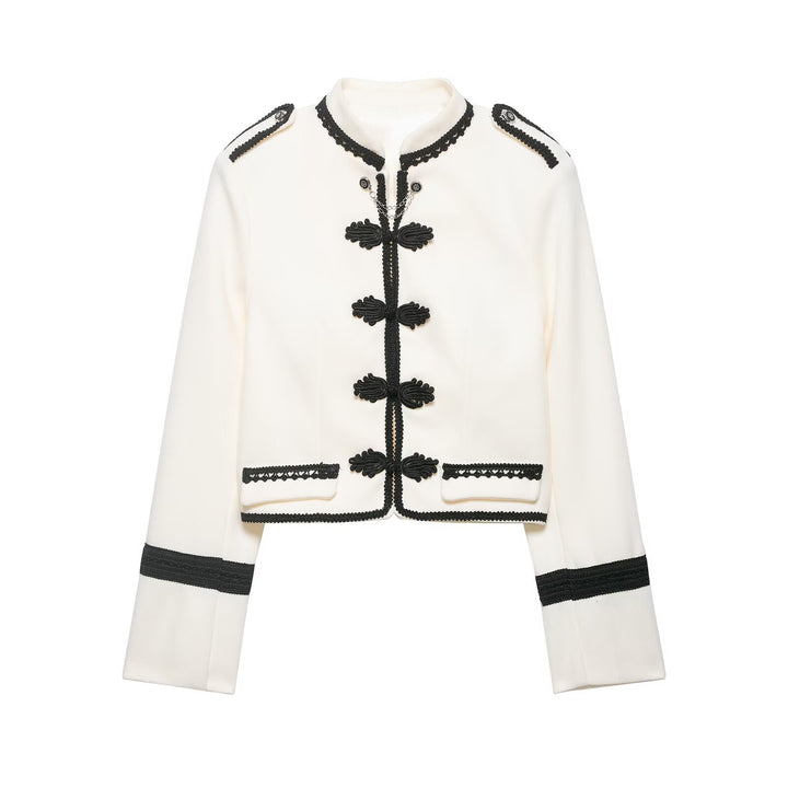 Ladies short jacket in military style with stand-up collar, decorative cords and decorative frog closures Mune Fashion