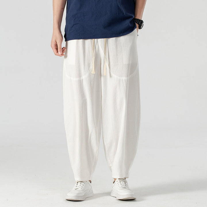 Men's Casual Linen-Cotton Pants with Wide Leg, Drawstring, and Patch Pockets Mune Fashion