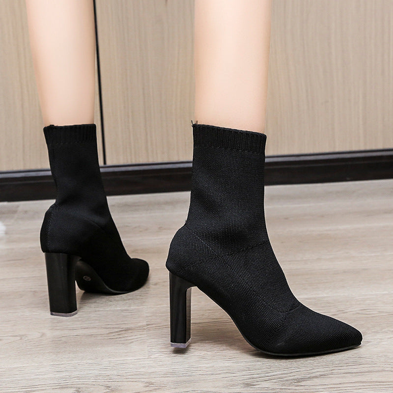 Women's knitted sock ankle boots with pointed toe and sculptural block heel Mune Fashion