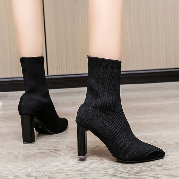 Women's knitted sock ankle boots with pointed toe and sculptural block heel Mune Fashion