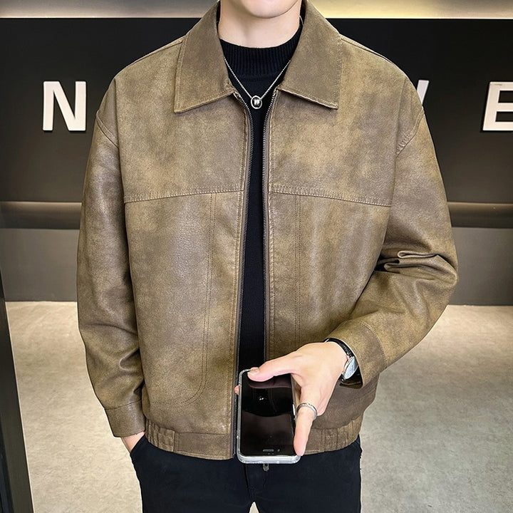 Men's Oversized Velour-Look Transitional Blouson with Shirt Collar, Zipper & Elastic Hem