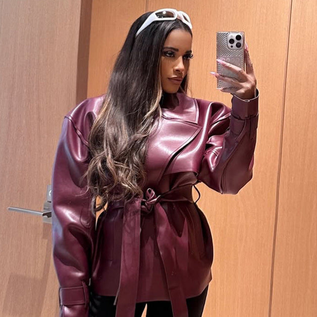 Women's Tailored Faux Leather Blouson with Ties and Voluminous Shoulder Area Mune Fashion