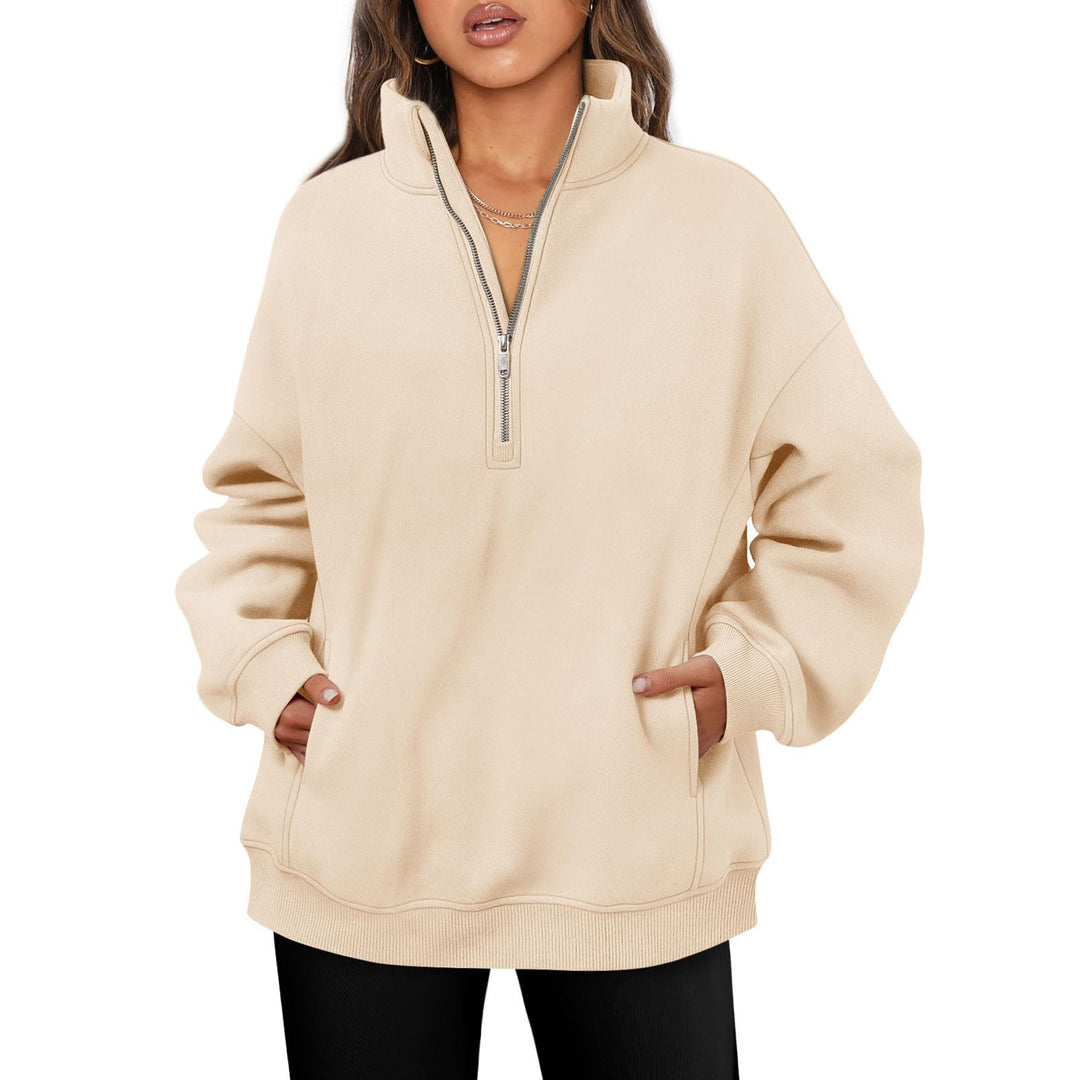 Women's oversized half-zip pullover with stand-up collar, kangaroo pocket and ribbed cuffs Mune Fashion