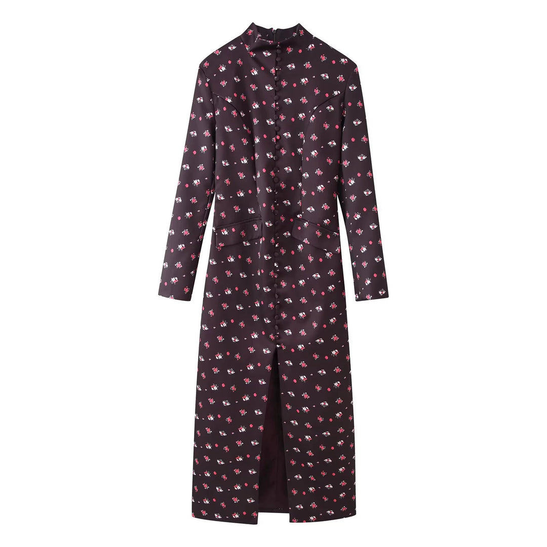 Women's Long Sleeve Maxi Dress with Stand-up Collar, Full Button Placket and Floral Allover Print Mune Fashion
