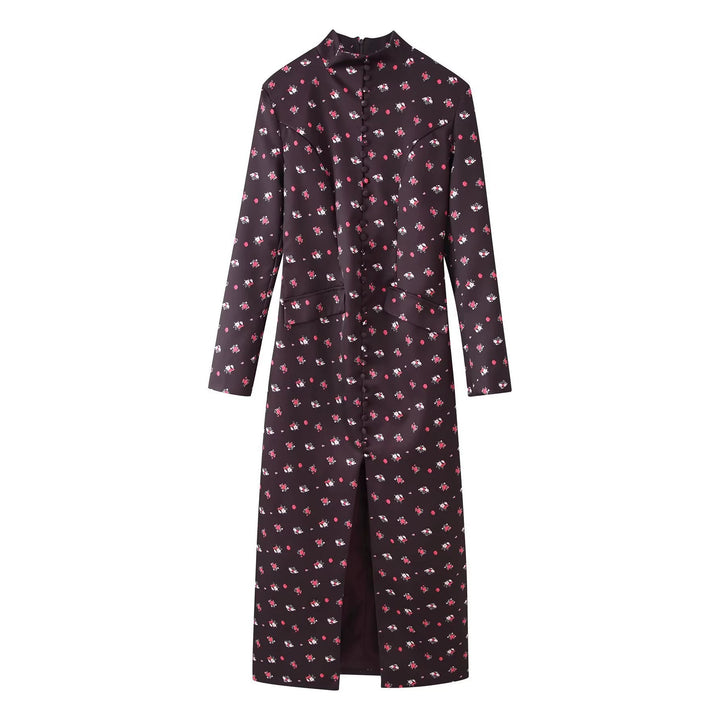 Women's Long Sleeve Maxi Dress with Stand-up Collar, Full Button Placket and Floral Allover Print Mune Fashion