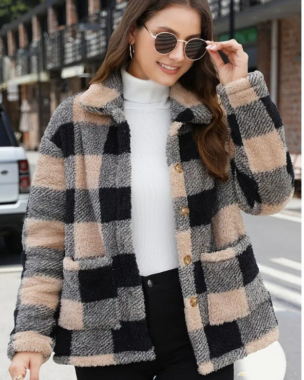 Ladies non-padded checkered teddy fleece shacket with button placket and patch pockets Mune Fashion