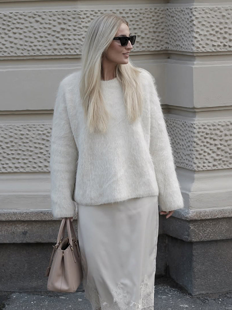 Women's Cozy Mohair-Optic Sweater with Round Neck and Casual Silhouette