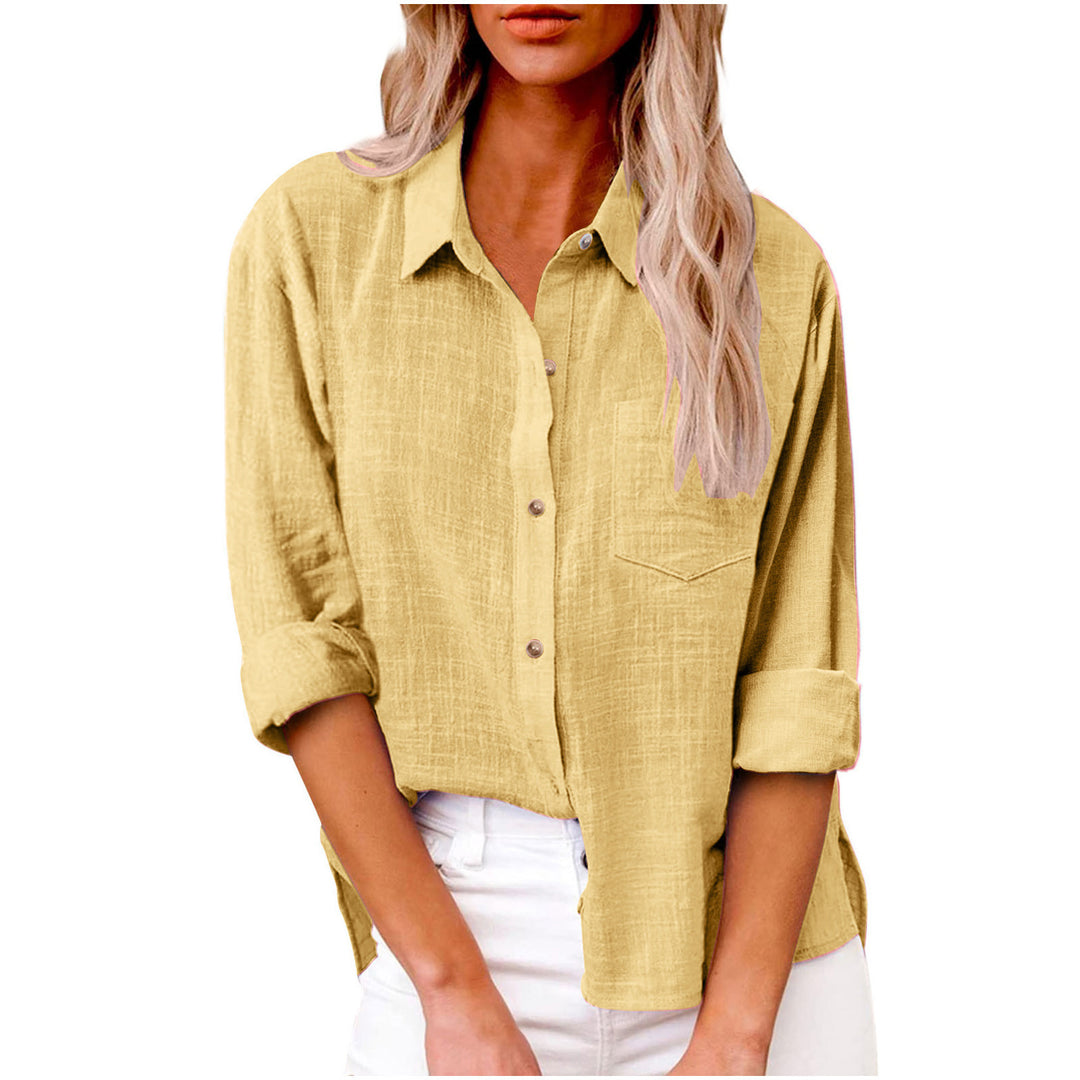 Women's oversized linen-cotton blend shirt blouse with breast pocket and roll-up sleeves Mune Fashion