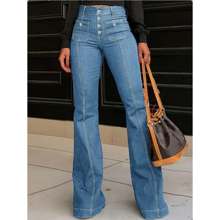 Ladies High-Waisted Flared Jeans with visible center seam, button closure, and patch front pockets Mune Fashion