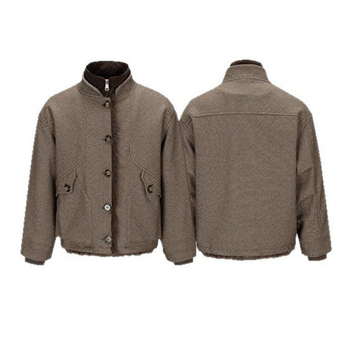 Women's Short Boxy Jacket with Teddy Lining, Stand Collar and Flap Pockets Mune Fashion