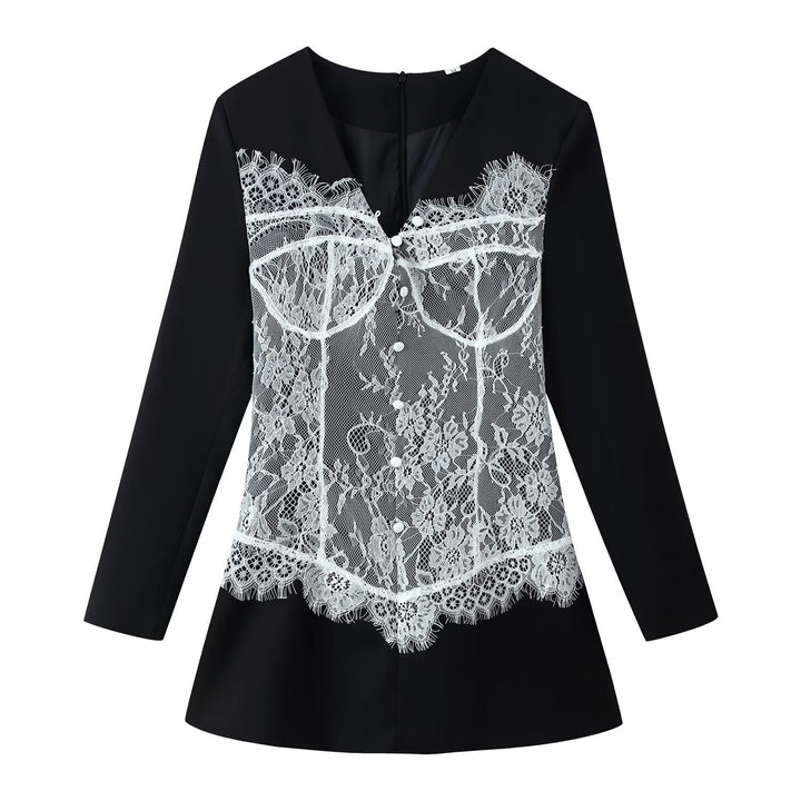 Ladies Elegant Blouse with Lace Corset Application and V-Neck Mune Fashion