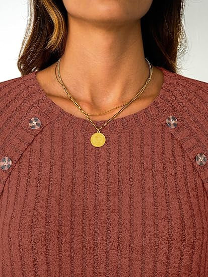 Women Ribbed Round Neck Sweater with Decorative Shoulder Buttons Mune Fashion