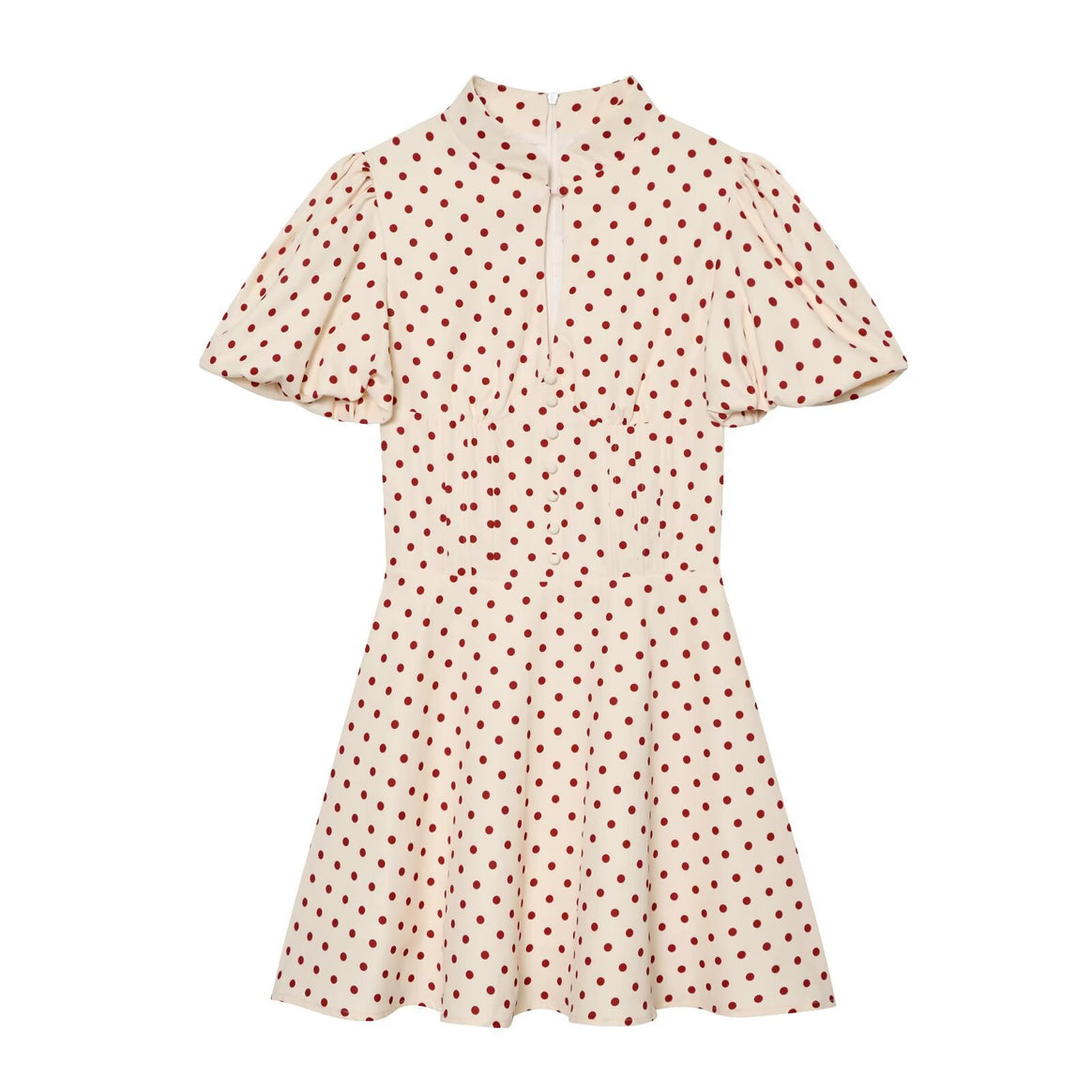 Women's Polka Dot A-Line Dress with Stand Collar, Tailoring and Balloon Sleeves Mune Fashion