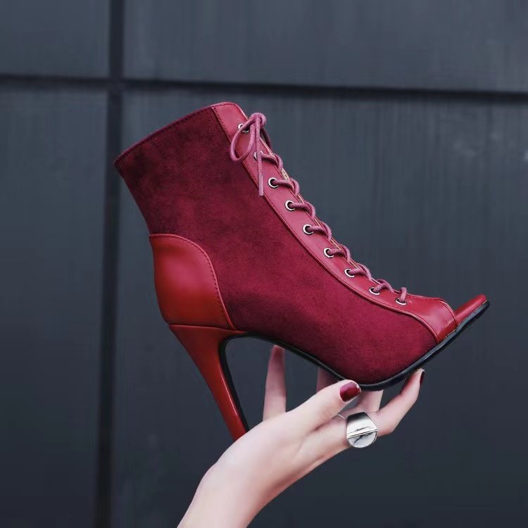Women's Open-Toe Lace-Up Ankle Boot with Suede Look and Stiletto Heel Mune Fashion
