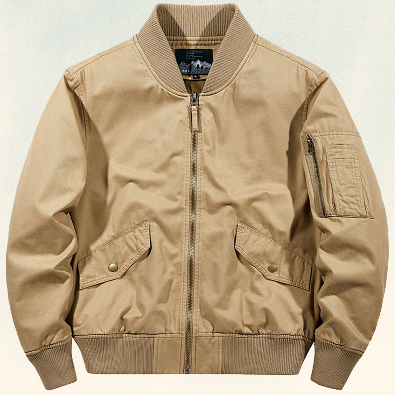 Men's robustly crafted canvas bomber jacket with ribbed cuffs, flap pockets, and sleeve pocket Mune Fashion