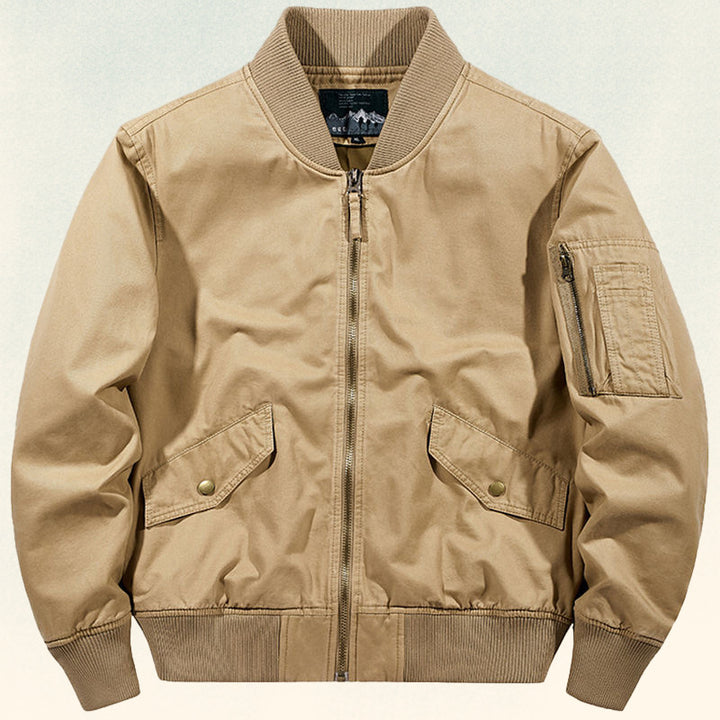 Men's robustly crafted canvas bomber jacket with ribbed cuffs, flap pockets, and sleeve pocket Mune Fashion
