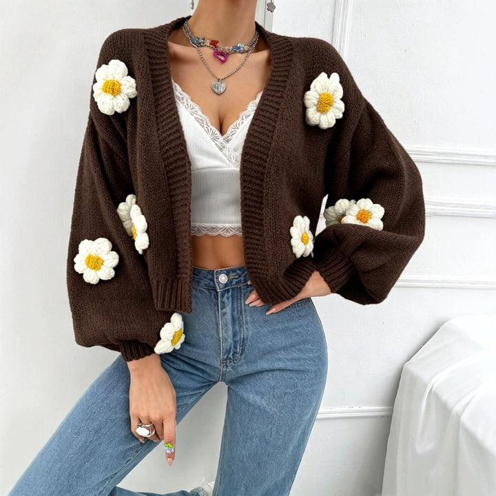 Women's Short-Cut Chunky Knit Cardigan with 3D Flower Applications Mune Fashion