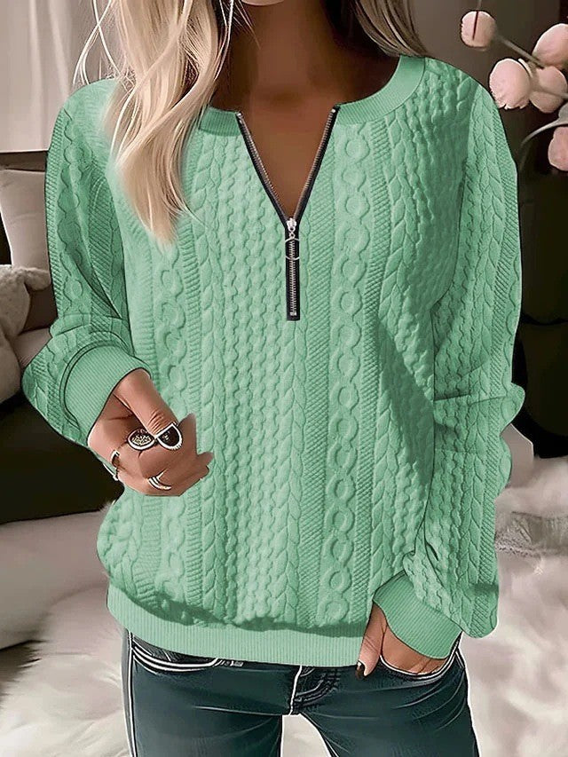 Women Structured Cable Knit Sweatshirt with Half Zip and Ribbed Cuffs Mune Fashion