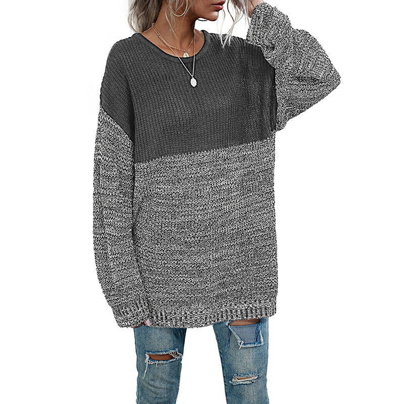 Ladies oversized knitted sweater in melange block design with round neckline & extended hem Mune Fashion