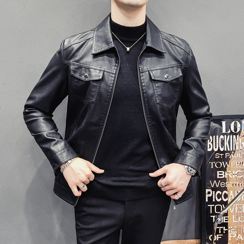 Men's leather-look trucker jacket with zipper, flap pockets and fitted silhouette Mune Fashion