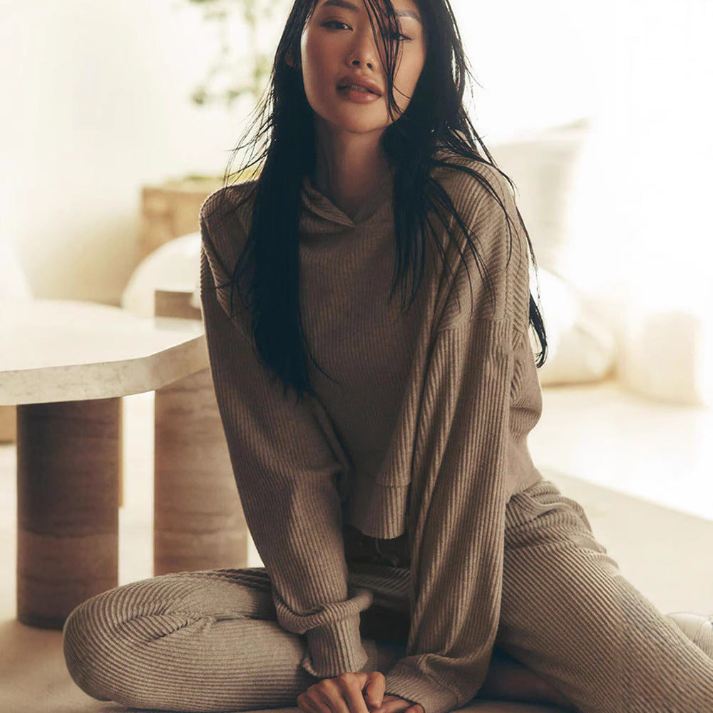 Women Ribbed High-Waist Lounge Pants with Drawstring and Cuffs Mune Fashion