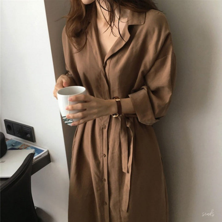 Women's Shirt Dress with Tie Belt and Casual Three-Quarter Sleeves Mune Fashion