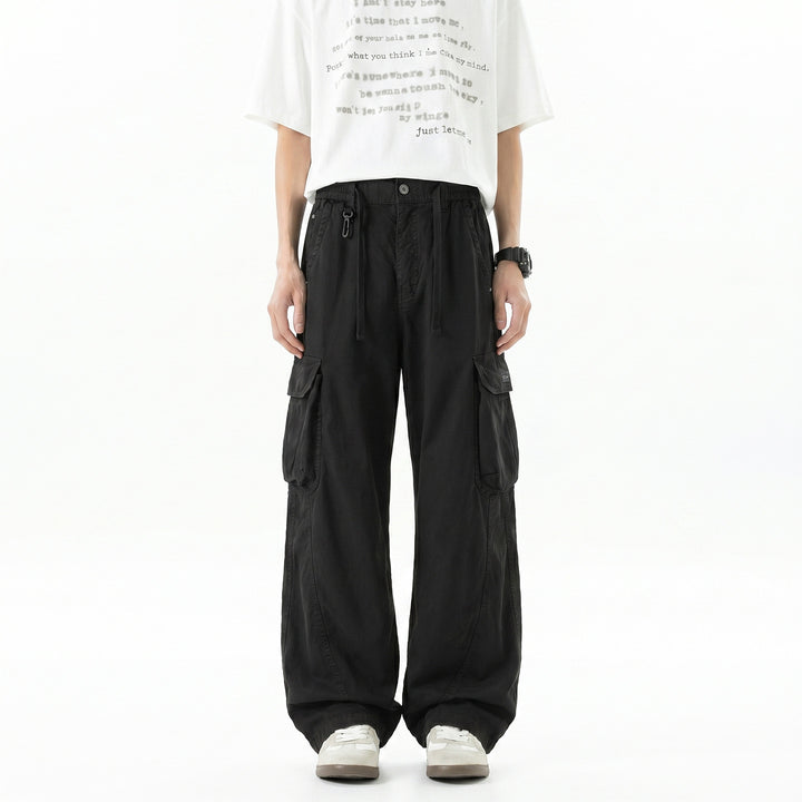 Men's Loose Utility Cargo Pants with Drawstring Waistband, Segment Seams and Large Flap Pockets Drune