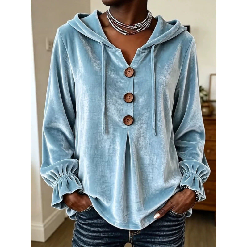 Women's Velvet Hoodie with Wooden Button Placket, Drawstring and Gathered Sleeves Mune Fashion