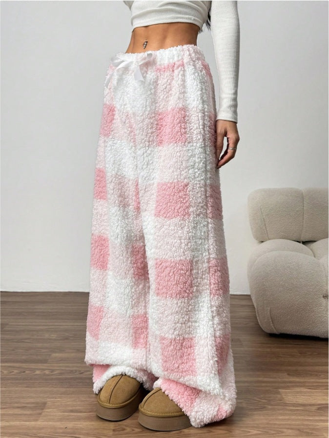 Women's cozy checked fleece pants with drawstring waistband and wide leg Mune Fashion