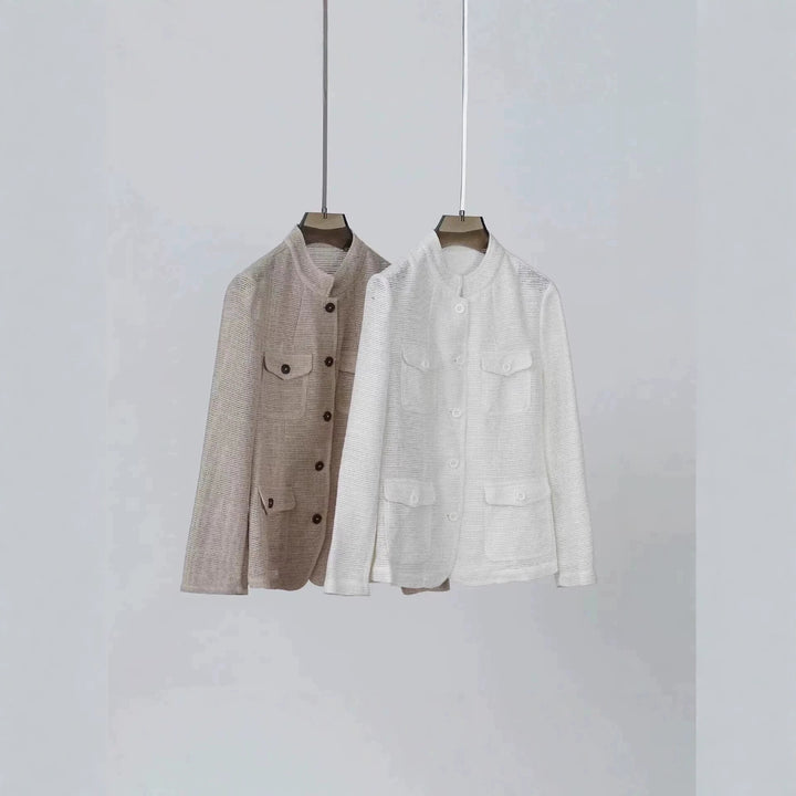 Women's Lightweight Crochet Look Transition Jacket with Round Collar and Flap Pockets Mune Fashion