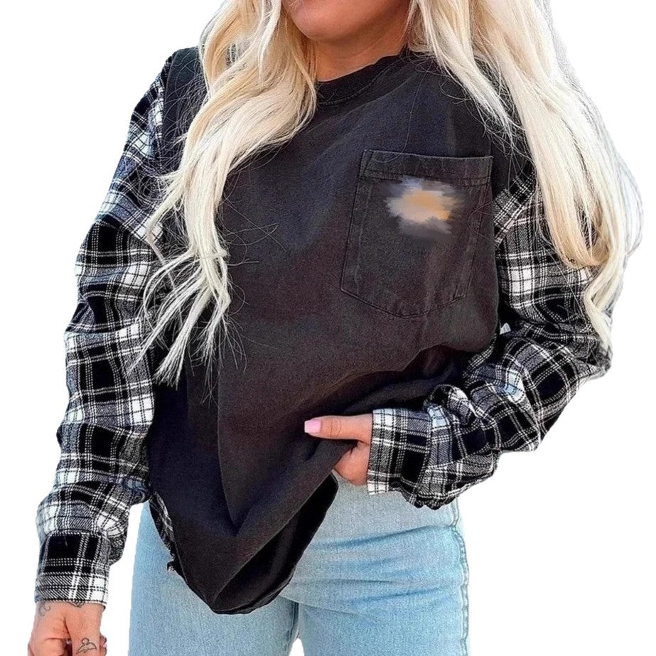 Women's oversized sweatshirt in mixed materials with checkered sleeves and applied chest pocket Mune Fashion