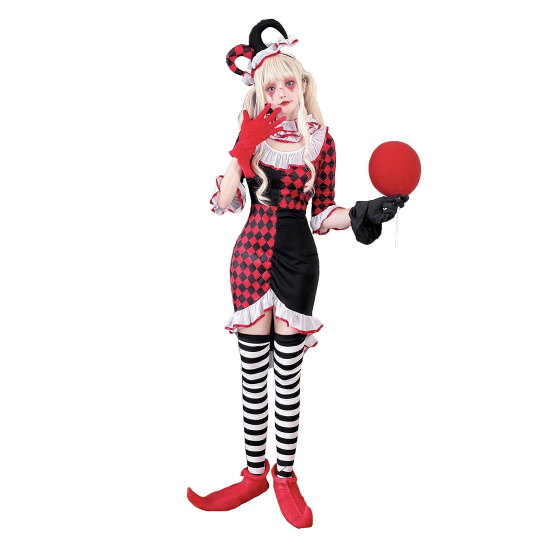Girl clown costume with playful striped stockings and hat Mune Fashion