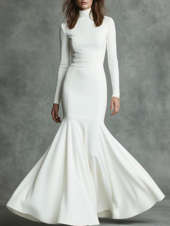 Women Elegant Long Sleeve Maxi Dress with High Neck and Flowing Skirt Mune