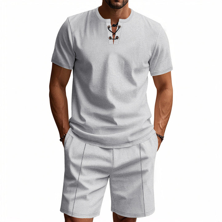 Men's short-sleeved lace-up collar shirt in waffle jersey with pleated Bermuda Mune Fashion