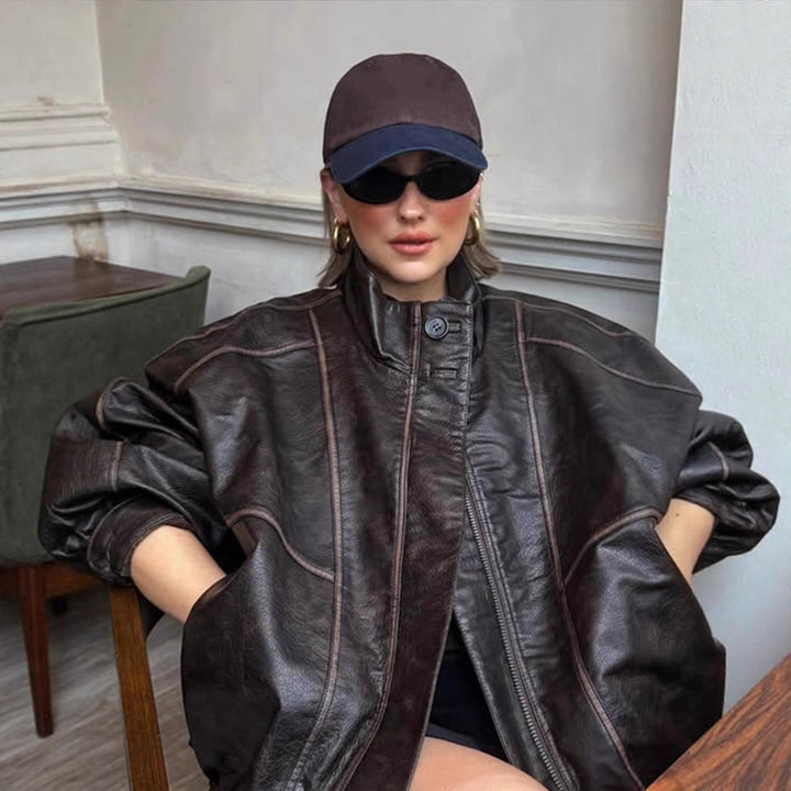 Women Oversize Faux Leather Coat with Distinct Decorative Seams and Stand-Up Collar Mune Fashion