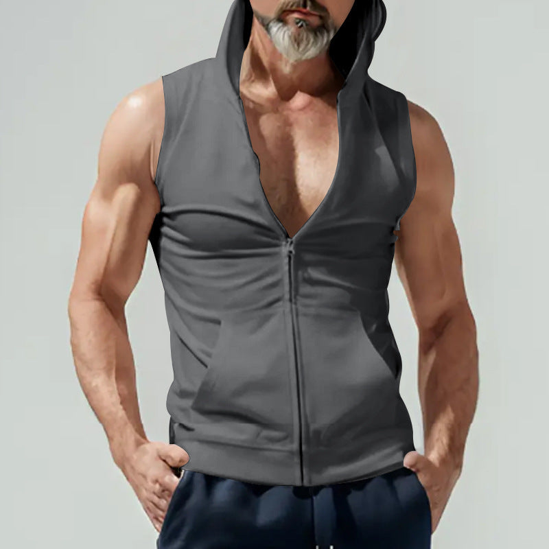 Men's slim sleeveless hoodie vest with full zip and kangaroo pocket Mune Fashion
