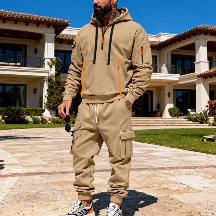 Men's urban hoodie cargo set with hidden zippers, multiple pockets, and elastic hem Mune Fashion