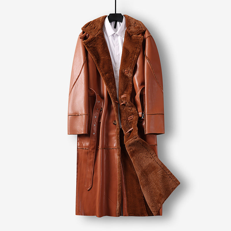 Men's Maxi Long Faux Leather Coat with Teddy Lining and Waist Belt Mune Fashion