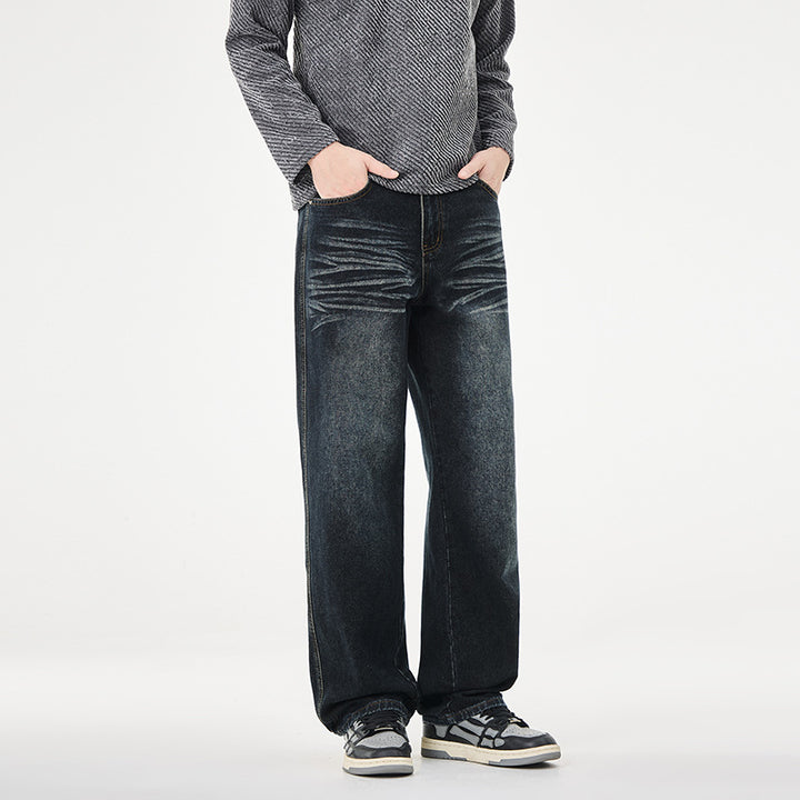 Men's Loose Vintage Denim Jeans with Wrinkle Effect and Low Rise Mune Fashion
